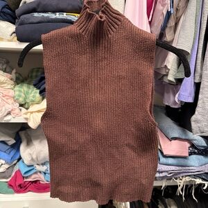 Zara Brown Ribbed Sleeveless Turtleneck Sweater